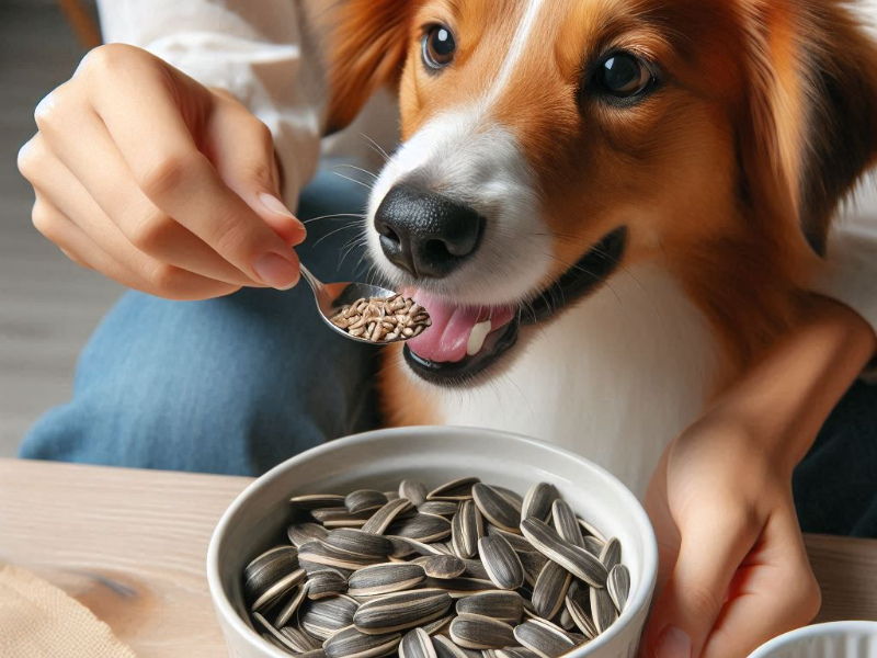 A dog examining sunflower seeds during an allergy checkup.