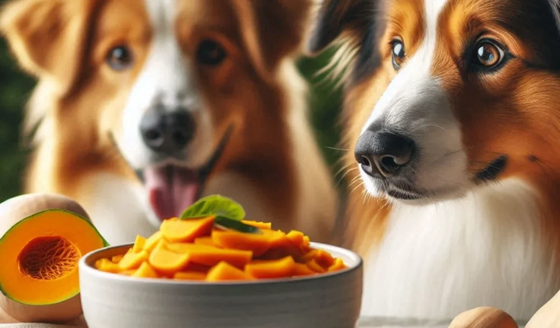 Dog near butternut squash, exploring the question 'Can Dogs Eat Butternut Squash?' and its benefits for dogs.