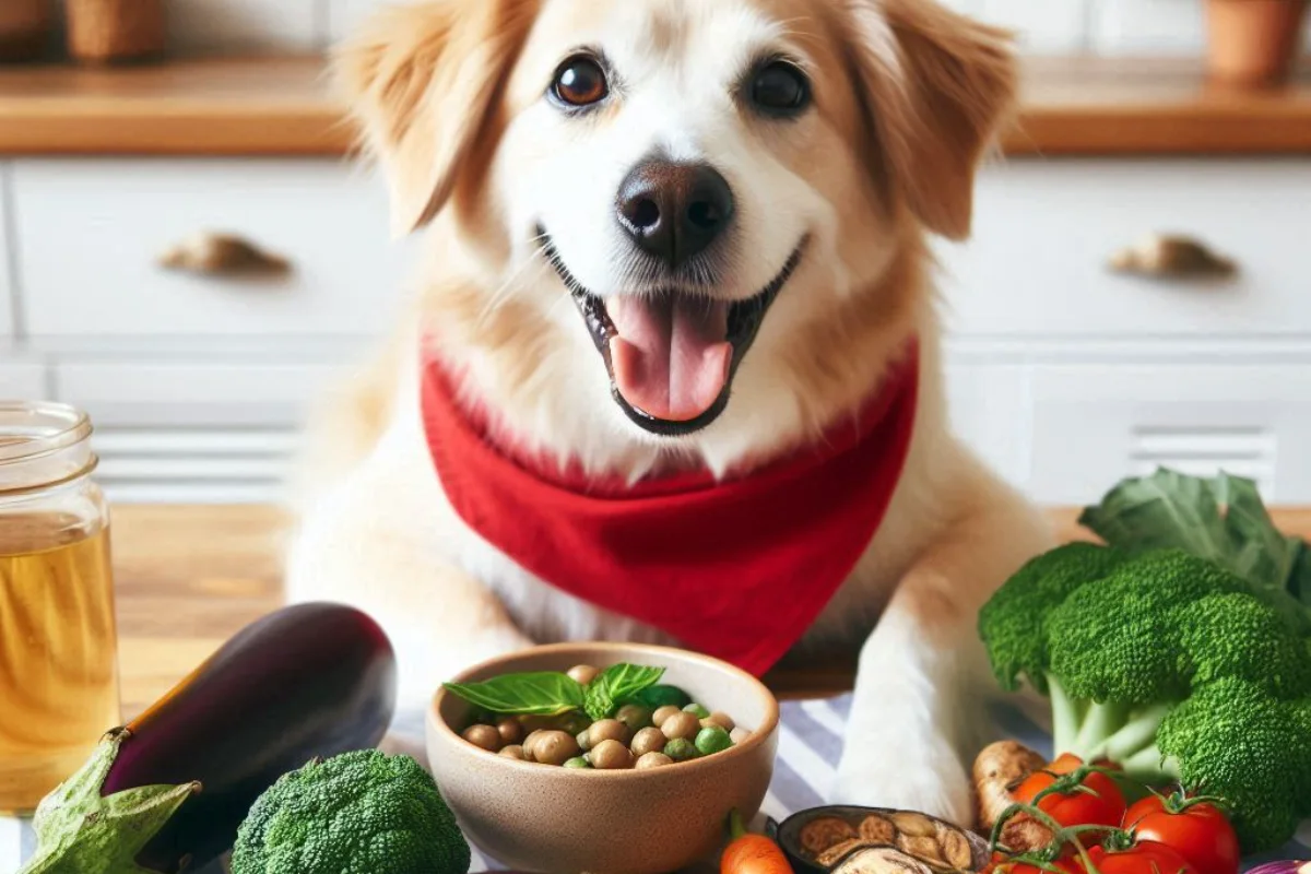 Dog curiously looking at eggplant, exploring the question 'Can Dogs Eat Eggplant?' and its safety for dogs.