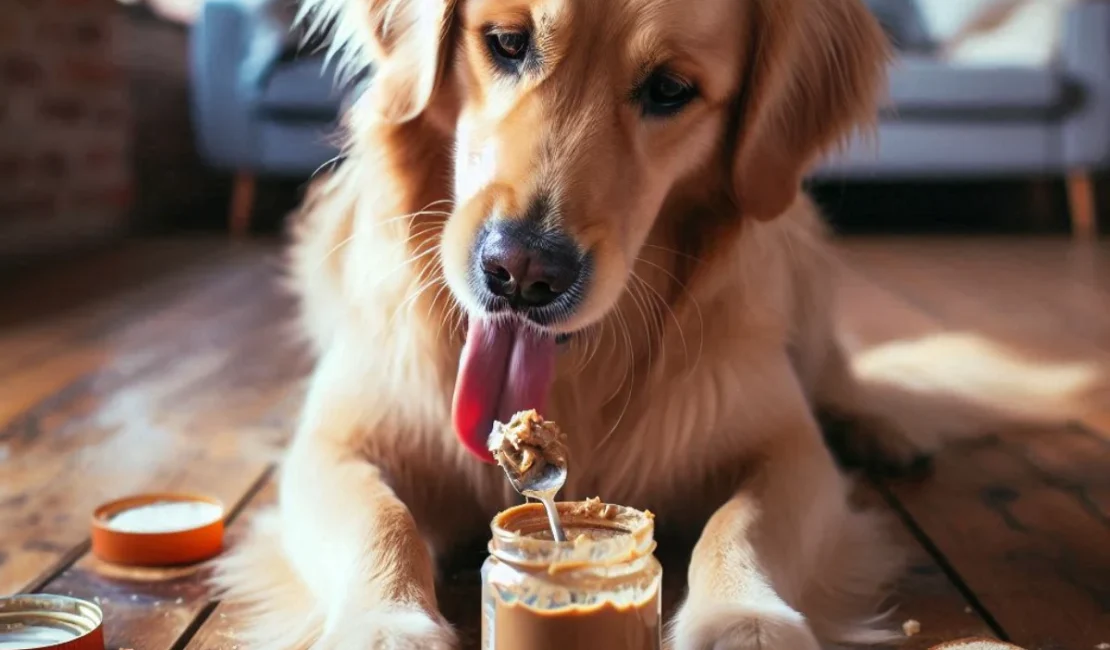 Dog enjoying almond butter, exploring the question 'Can Dogs Eat Almond Butter?' and the safety and benefits of almond butter for dogs.