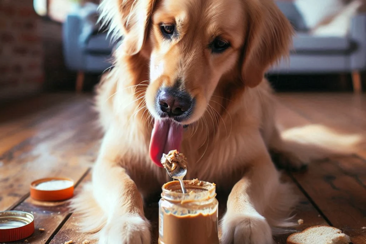 Dog enjoying almond butter, exploring the question 'Can Dogs Eat Almond Butter?' and the safety and benefits of almond butter for dogs.