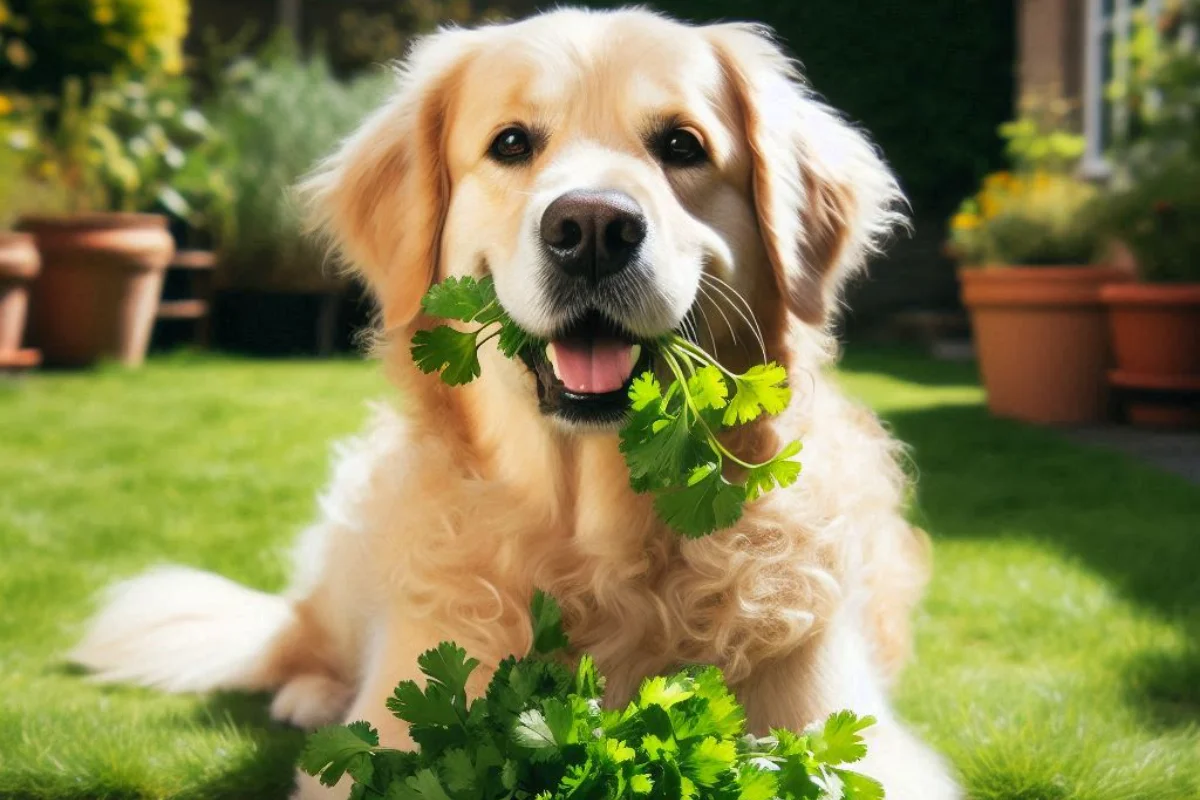 Dog sniffing cilantro, exploring whether 'Can Dogs Eat Cilantro?' and its potential health benefits for dogs.