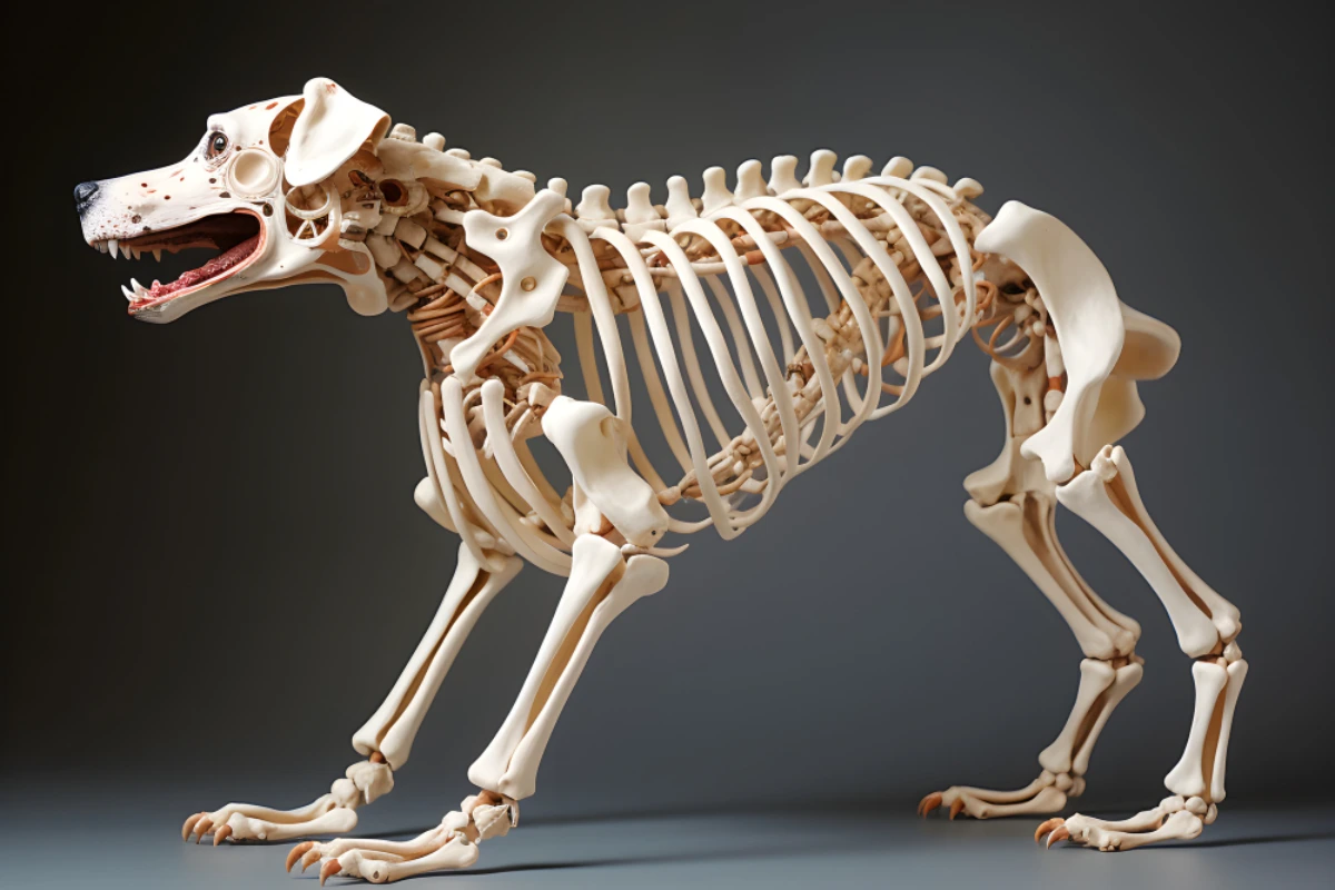 Dog skeleton illustration, exploring the question 'How Many Bones Does a Dog Have?' and details about a dog's bone structure.