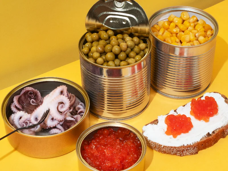 Various types of chickpeas and seafood for dogs, showcasing safe and healthy food options for dogs