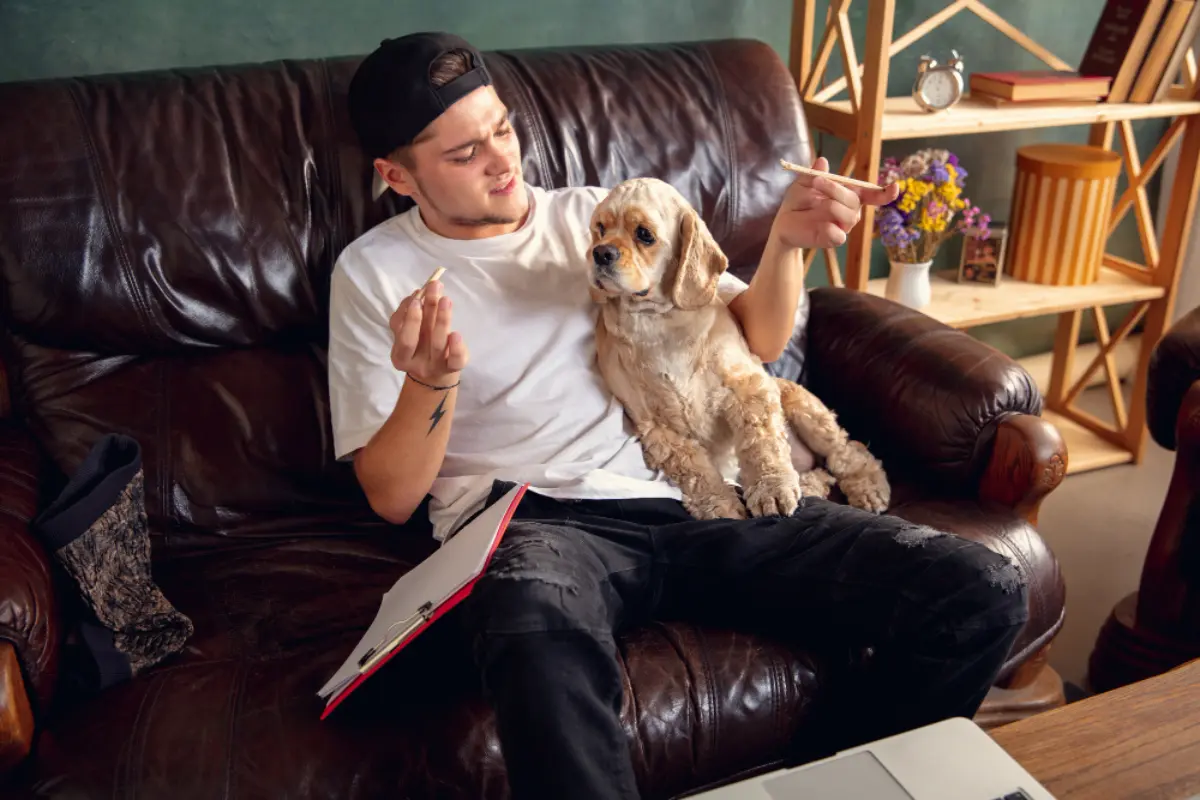 Dog sitting on its owner, displaying the behavior of 'Why Does My Dog Sit on Me' – exploring reasons like affection, comfort, and attention-seeking.