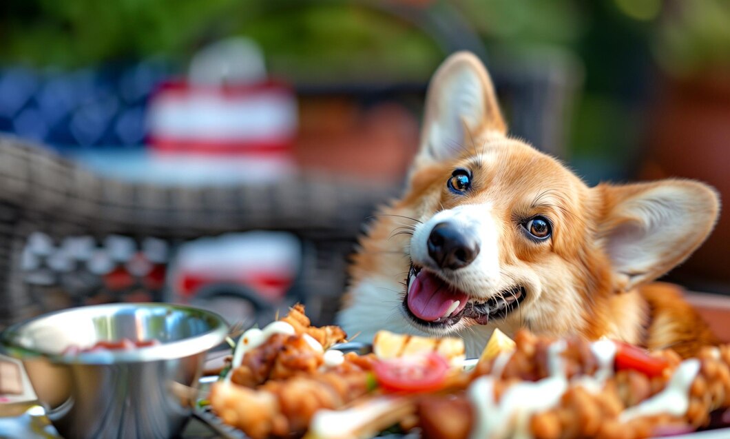 Dog near shrimp, highlighting the safety and benefits of feeding shrimp to dogs in moderation.