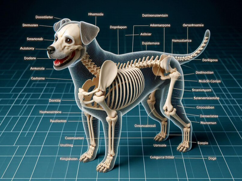 Dog's skeletal structure, illustrating the number of bones in a dog's body and the typical bone count.