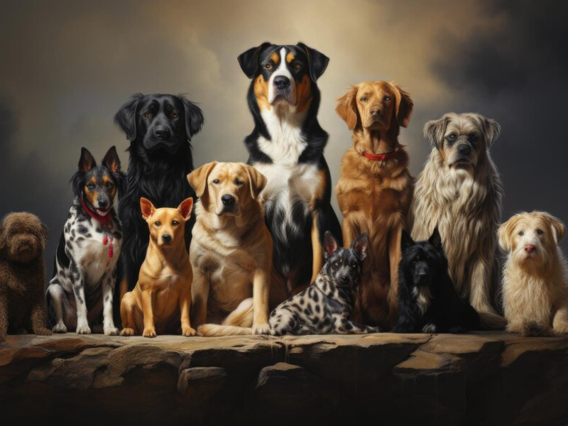 Various dog breeds side by side, showcasing different characteristics and features for comparing dog breeds.