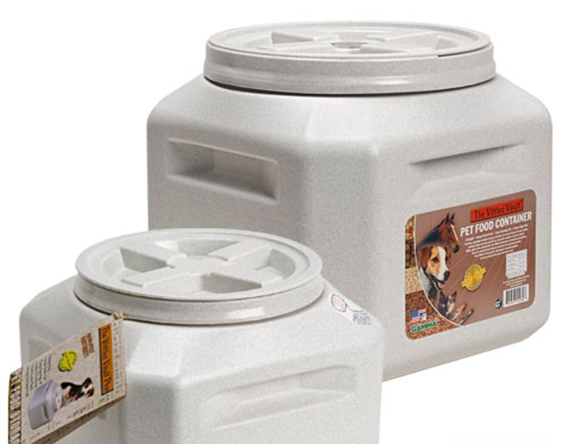 A sturdy Vittles Vault Outback Food Storage container with a twist-lock lid