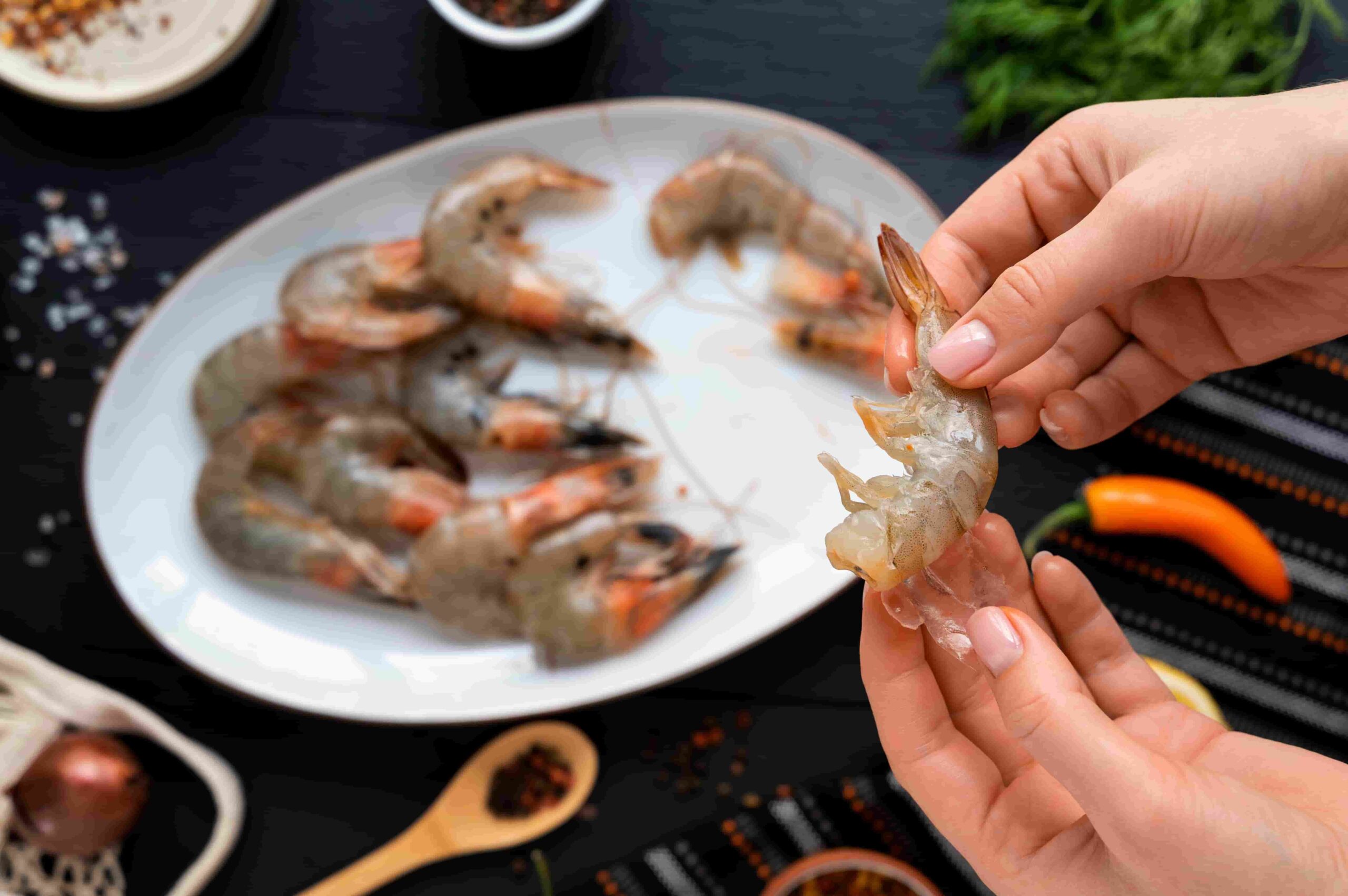 Raw shrimp on a plate, demonstrating how to safely prepare shrimp for dogs by removing shells and tails.