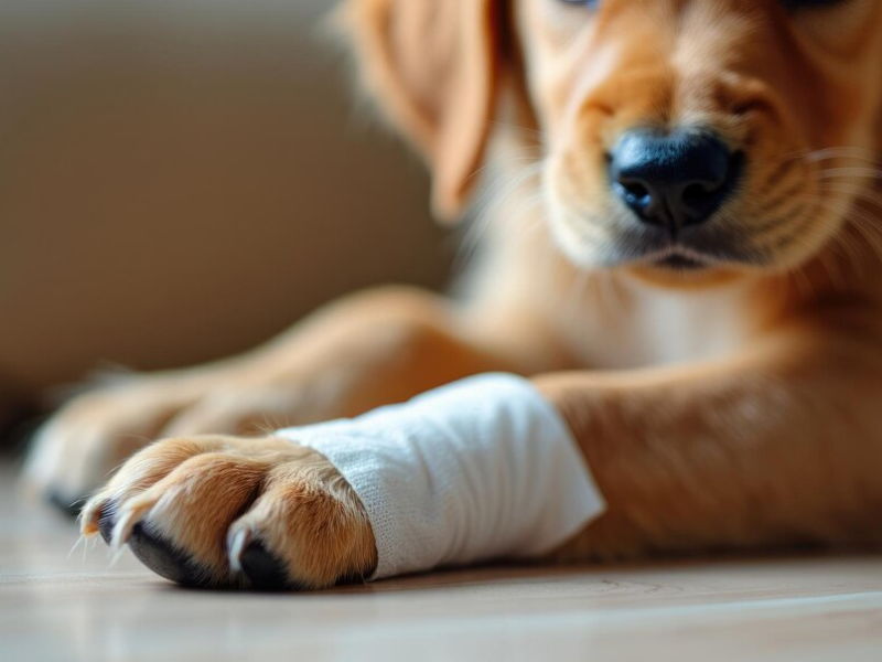 A dog with a bandaged paw, highlighting care for wounds and infections.