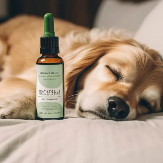 A peaceful dog sleeping with an essential oil bottle in the foreground, illustrating the question: Are essential oils safe for dogs?