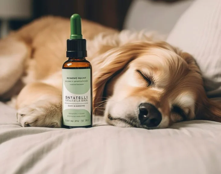 A peaceful dog sleeping with an essential oil bottle in the foreground, illustrating the question: Are essential oils safe for dogs?