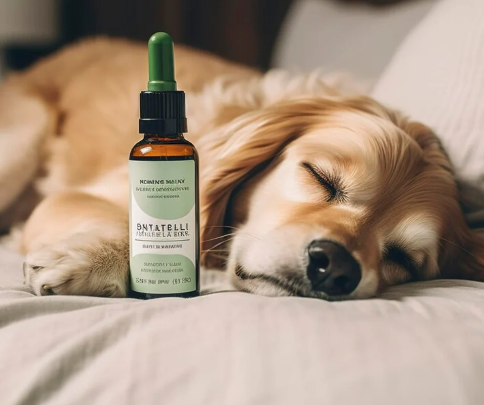 A peaceful dog sleeping with an essential oil bottle in the foreground, illustrating the question: Are essential oils safe for dogs?