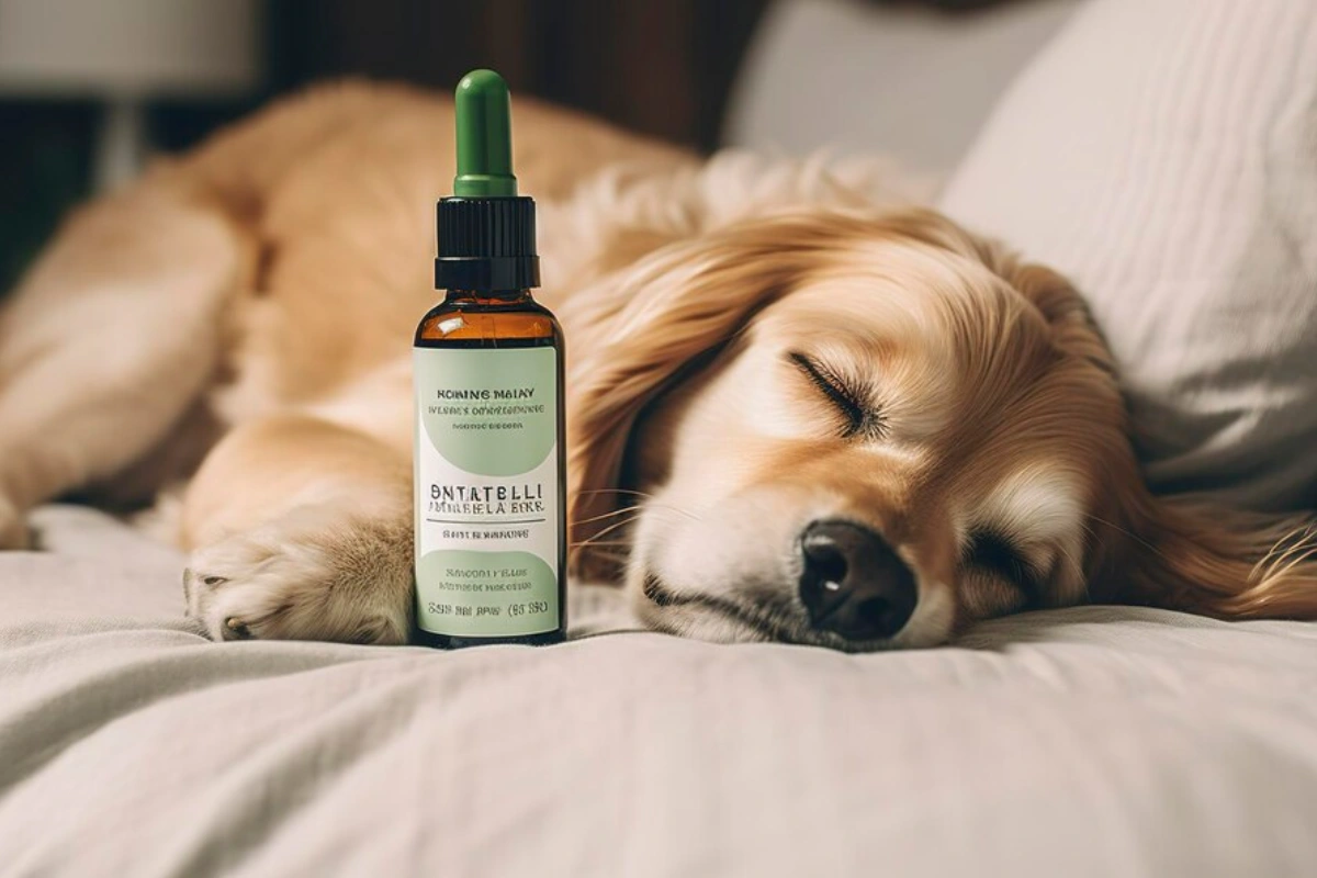 A peaceful dog sleeping with an essential oil bottle in the foreground, illustrating the question: Are essential oils safe for dogs?