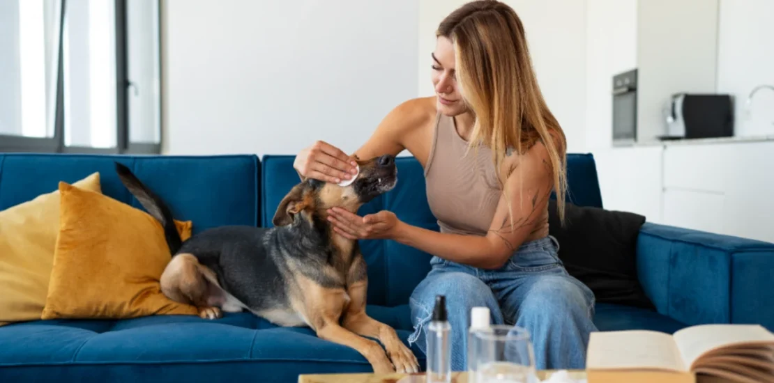 A dog resting in a safe space with a bottle of essential oil nearby, highlighting the risks of essential oil poisoning in pets