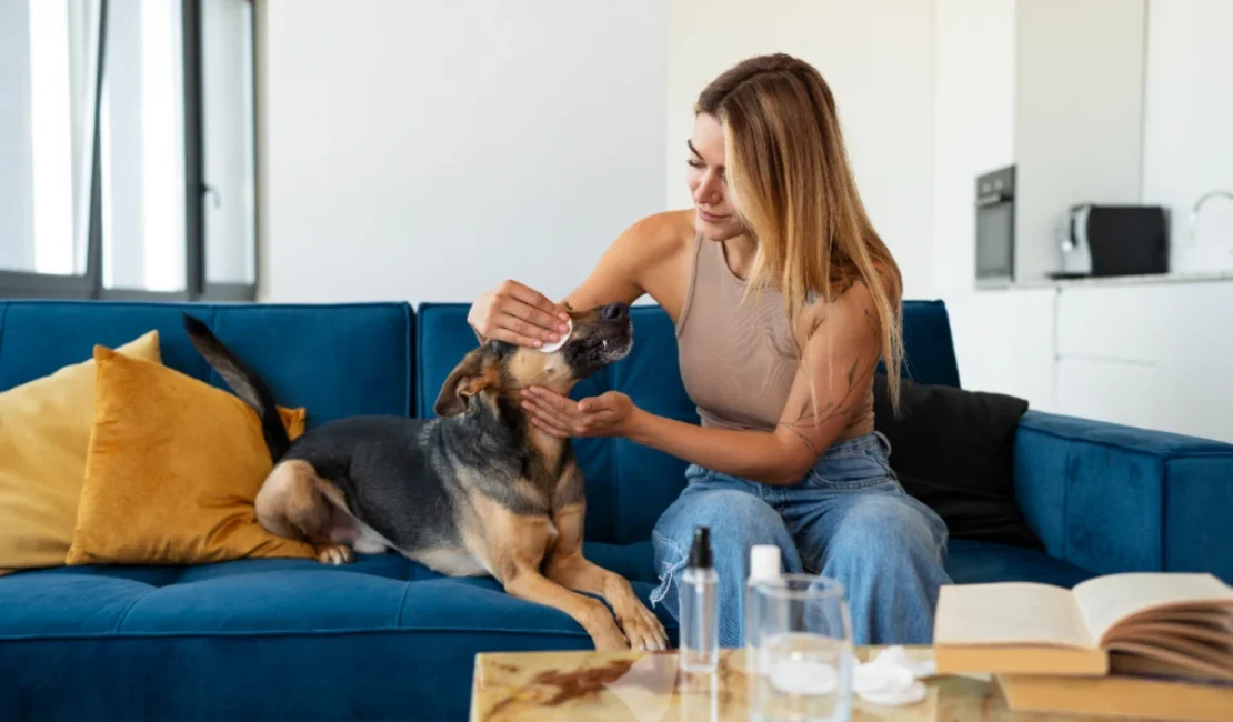 A dog resting in a safe space with a bottle of essential oil nearby, highlighting the risks of essential oil poisoning in pets