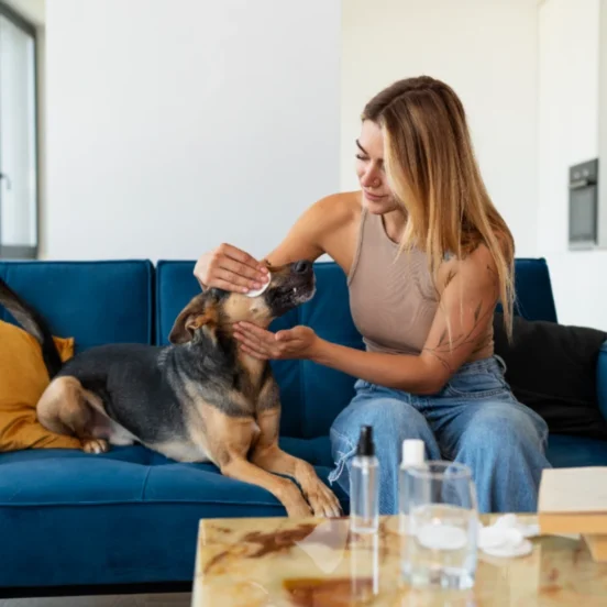 A dog resting in a safe space with a bottle of essential oil nearby, highlighting the risks of essential oil poisoning in pets