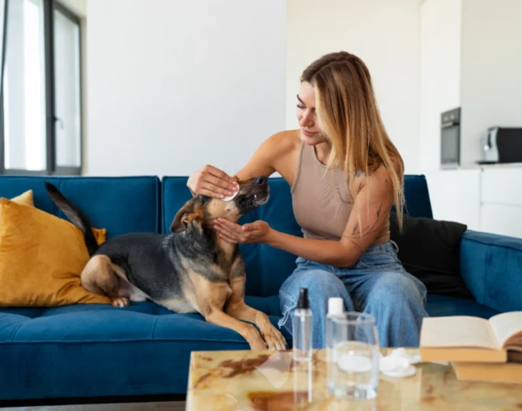 A dog resting in a safe space with a bottle of essential oil nearby, highlighting the risks of essential oil poisoning in pets