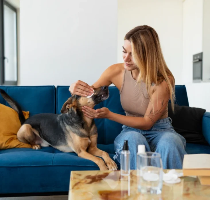 A dog resting in a safe space with a bottle of essential oil nearby, highlighting the risks of essential oil poisoning in pets