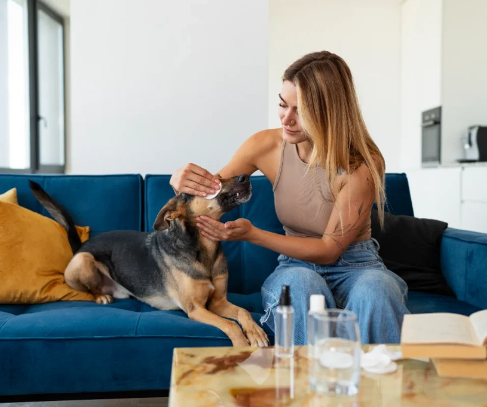 A dog resting in a safe space with a bottle of essential oil nearby, highlighting the risks of essential oil poisoning in pets