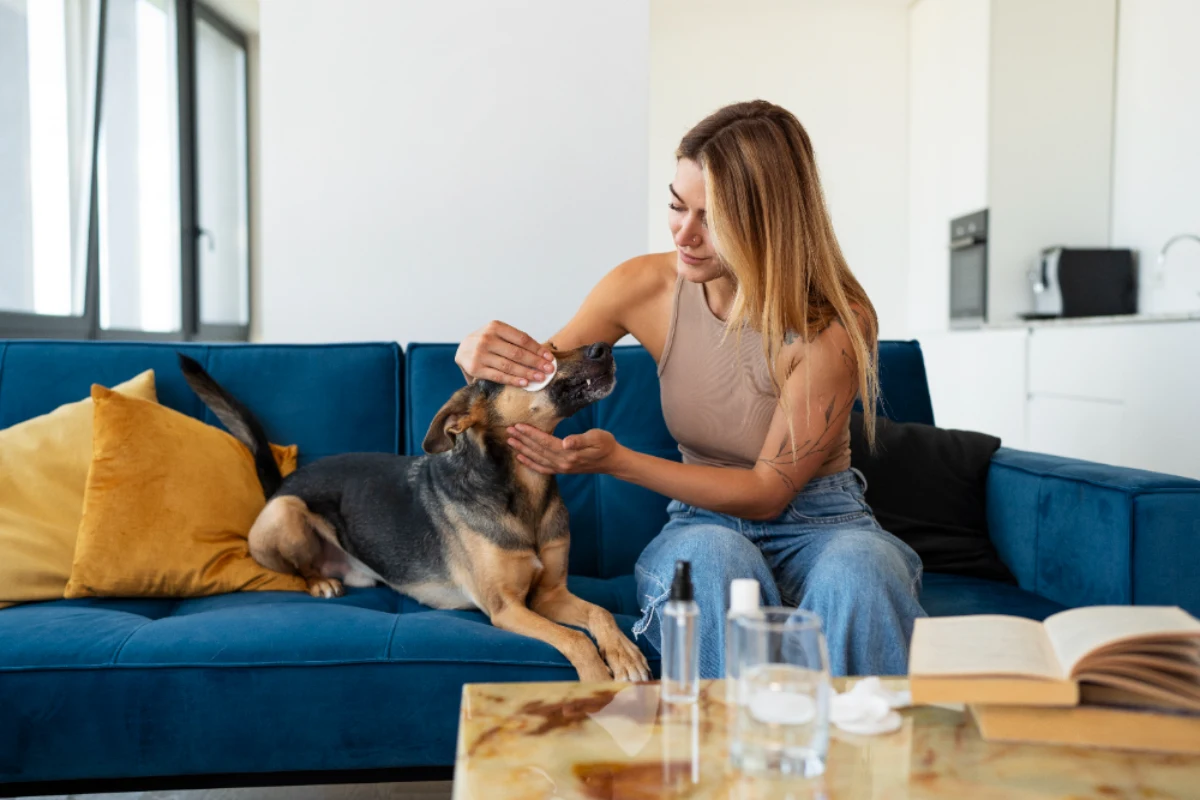 A dog resting in a safe space with a bottle of essential oil nearby, highlighting the risks of essential oil poisoning in pets