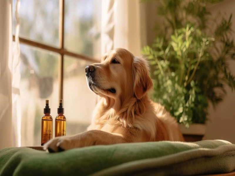 A dog sitting calmly with two essential oil bottles placed in front, highlighting the caution needed with essential oils for pets.