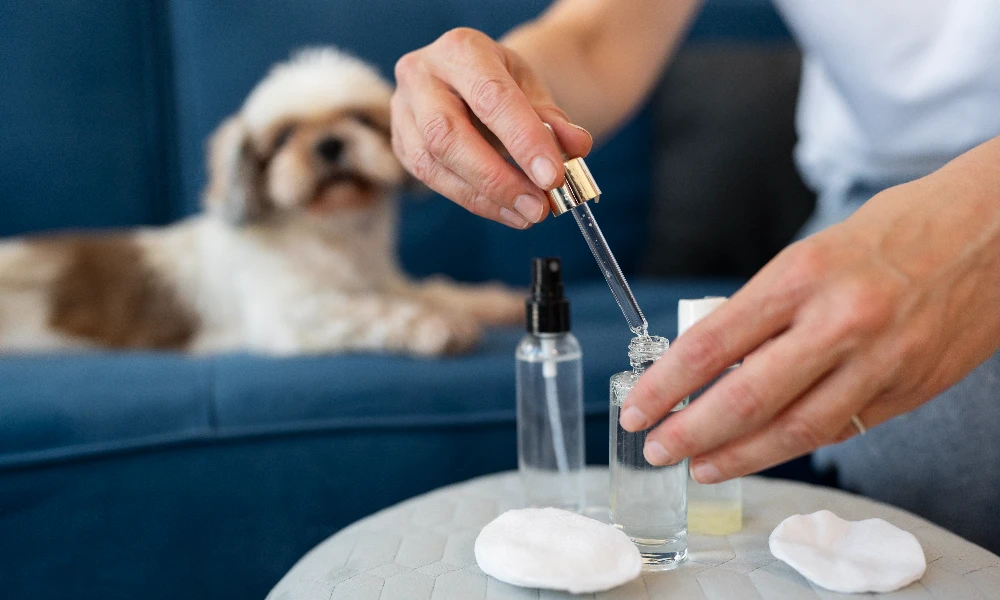 A side view where an owner holding the serum bottel in front of dog 